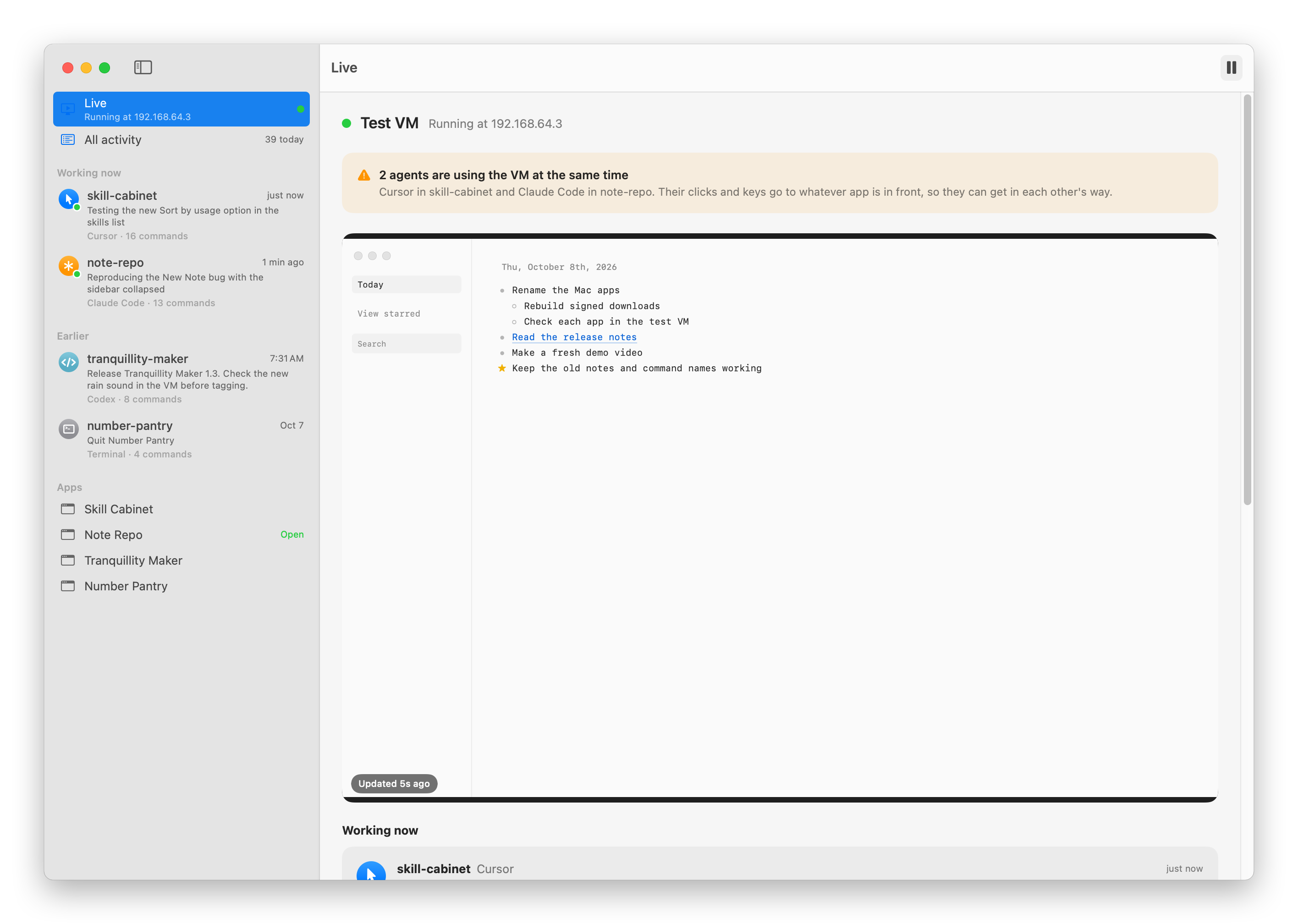 The VM Peek Live view, with the VM's screen and two agents using it at the same time