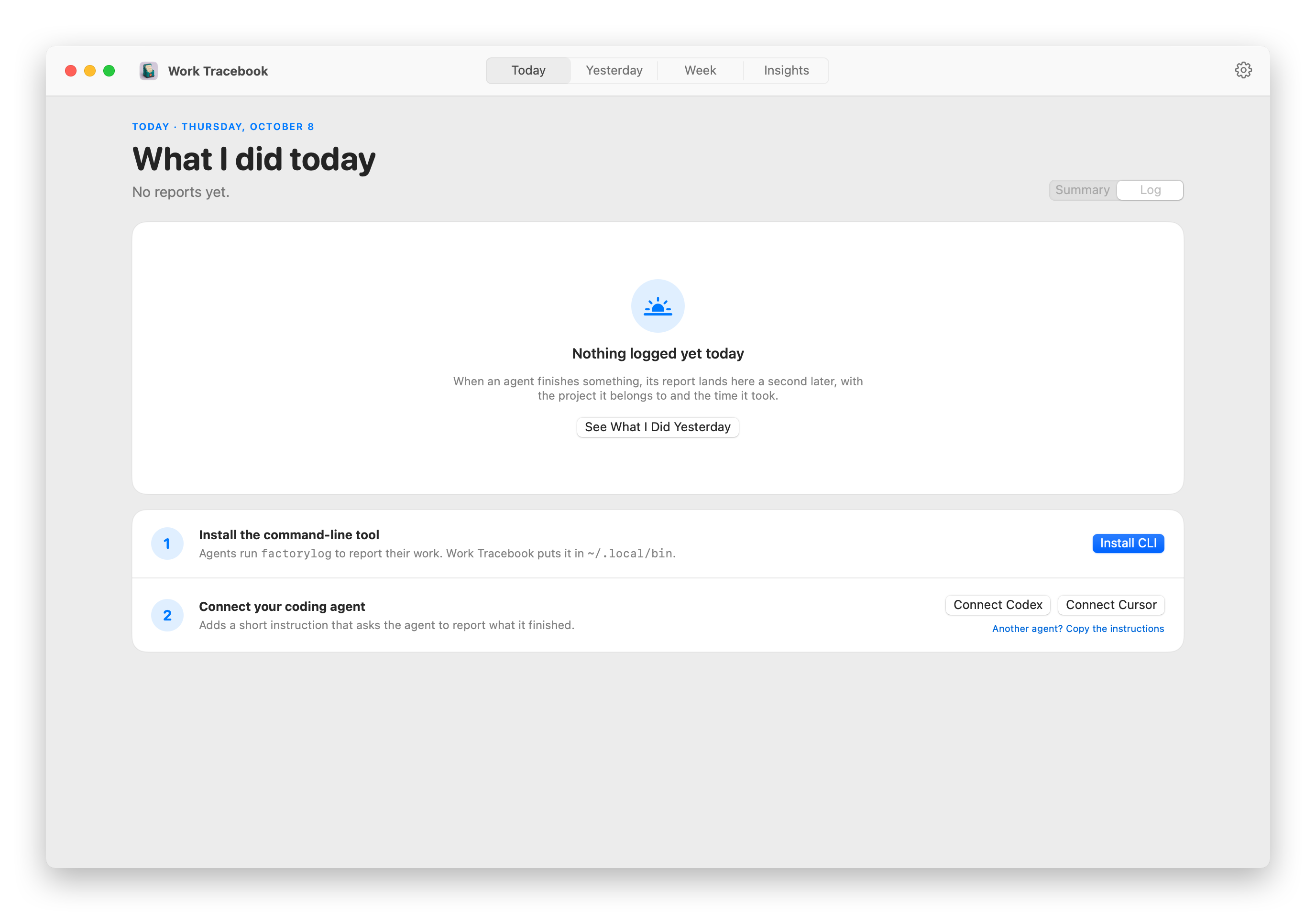 The Today screen in Work Tracebook, with the time per project, a timeline of work sessions and the list of tasks