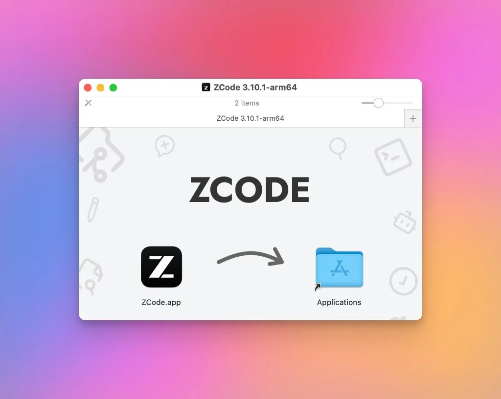 The ZCode installer window with the app icon and the Applications folder