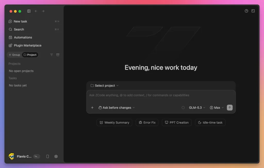 The ZCode main window with the sidebar, the prompt box, and suggestion chips