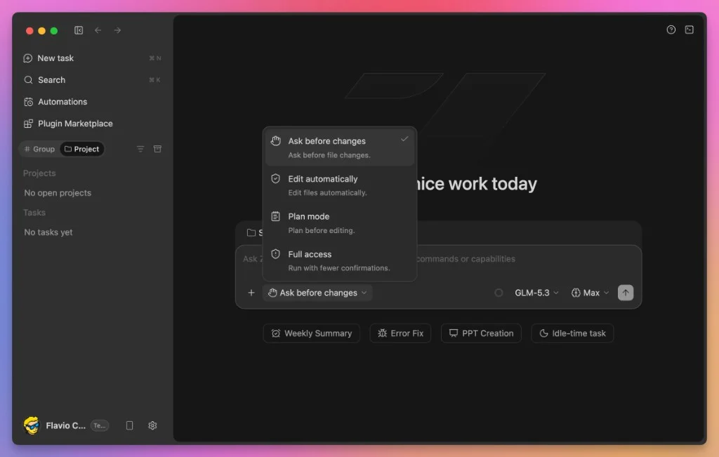 The ZCode permission mode dropdown with four execution modes