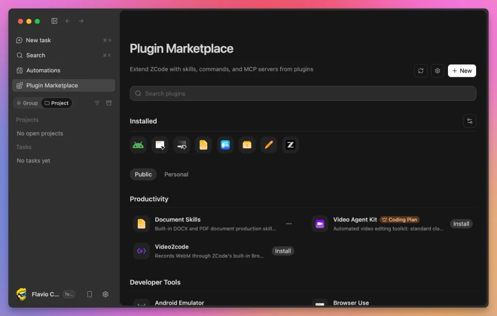 The ZCode Plugin Marketplace with installed plugins and available categories