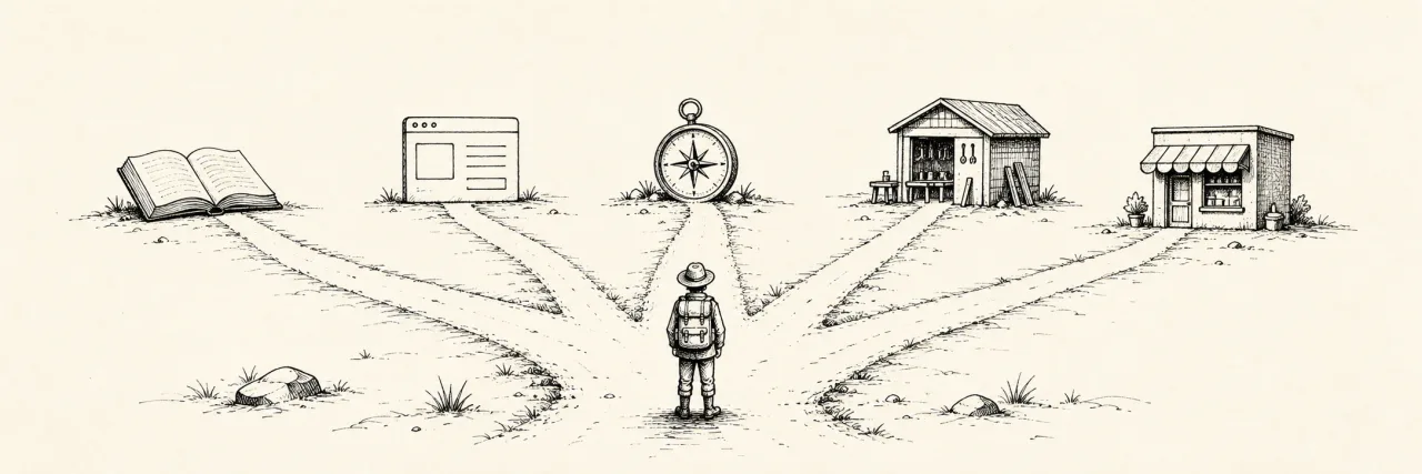An explorer choosing between five paths leading to a book, software, a compass, a workshop, and a corner shop